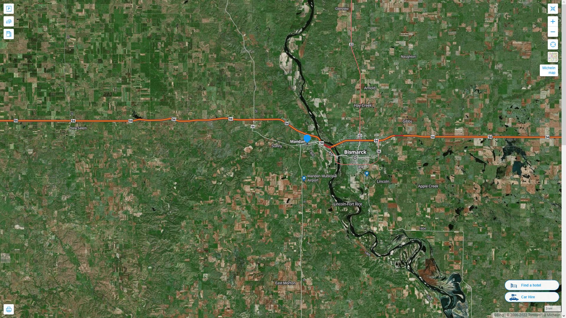 Mandan North Dakota Highway and Road Map with Satellite View